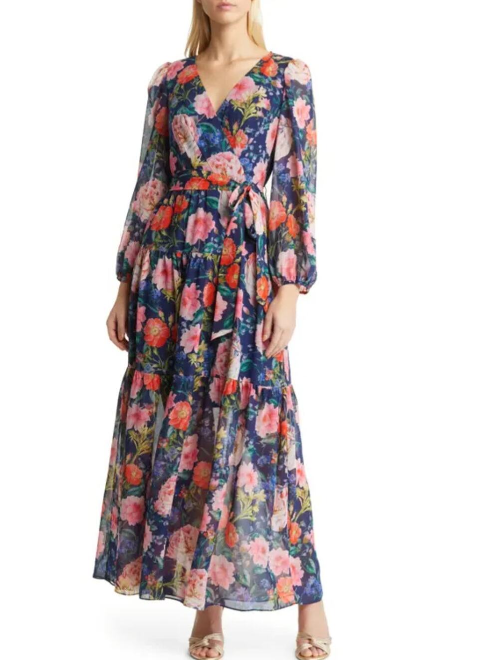 NWT Eliza J Navy Blue Floral Long Sleeve Surplice Maxi Formal Gown Dress 0